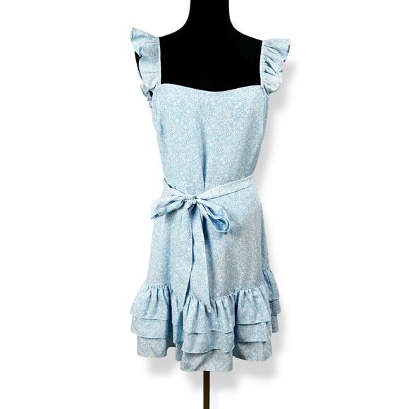 Likely Charlotte Light Blue Floral Mini Dress Ruffle Sundress Spring Womens Sz S - Picture 3 of 13